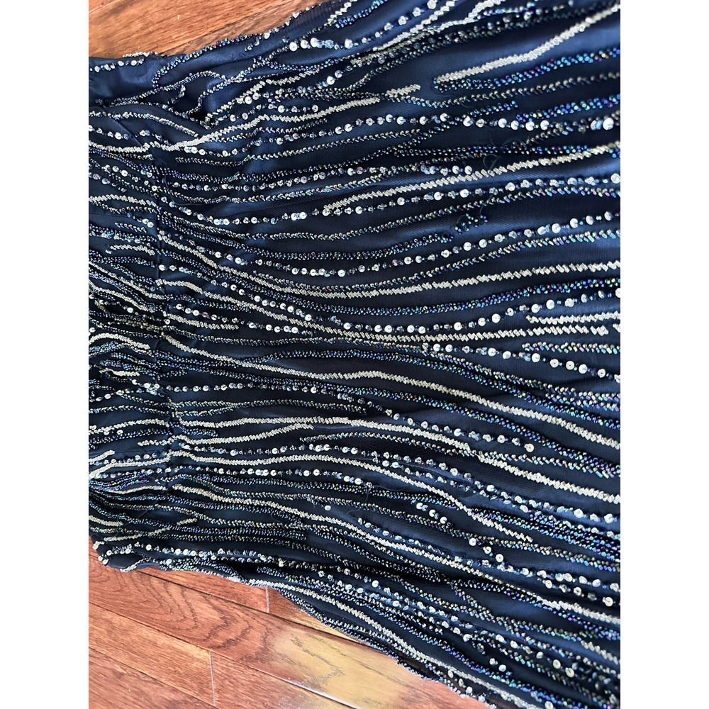 Luxury Pronovias Navy Blue Beaded Embellished Plunge Open Low Back Gown Dress - Picture 5 of 12